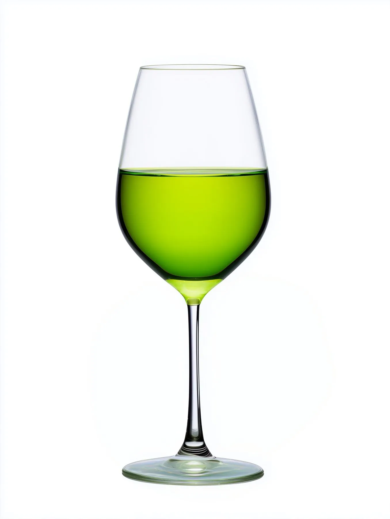 Chiran Asatsuyu sencha poured into a wine glass — vivid emerald liquor on white background