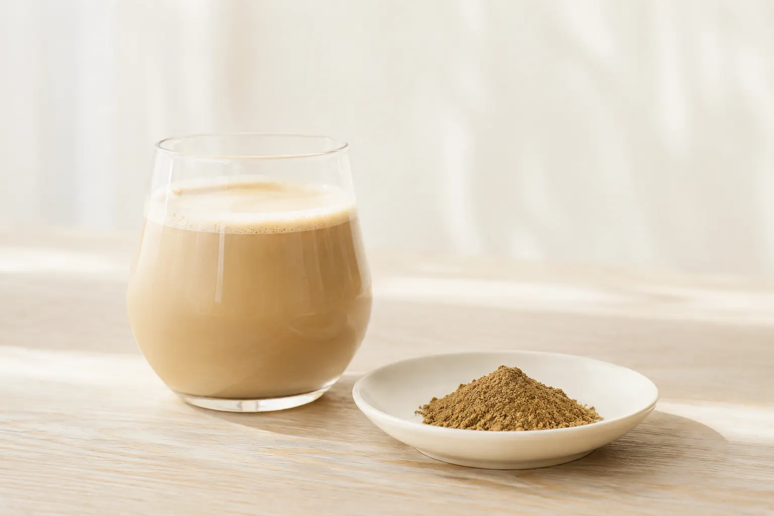 Cafe menu development image showing a warm beige Bodai-Sancha powder latte with a small dish of tea powder