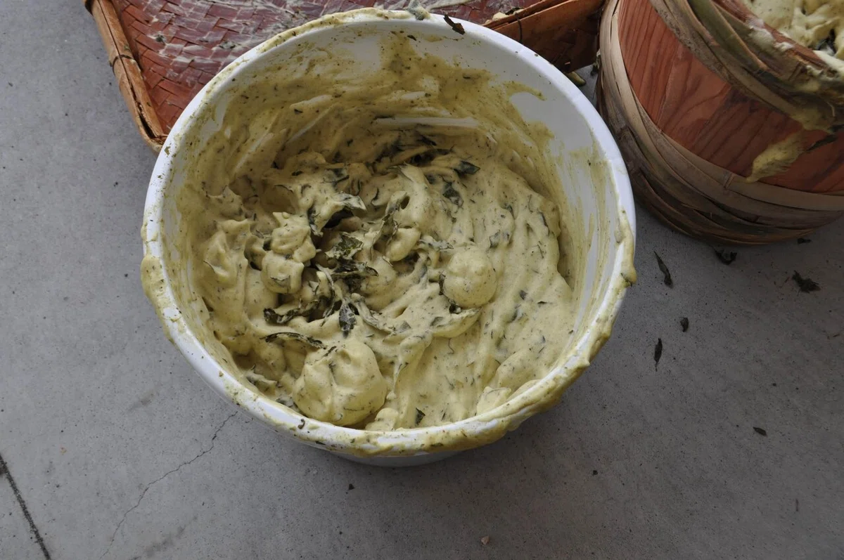 Whipped-cream-like foam during kneading, caused by saponins from late-summer tea-flower buds